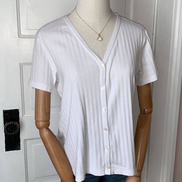 VINTAGE LIZ CLAIBORNE RIBBED V NECK BUTTON DOWN SHORT SLEEVE - Picture 3 of 7